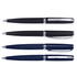 A set of four metal ball pens in black and blue, featuring chrome accents and a textured grip.