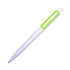 A plastic pen in white with a bright green accent and a logo.