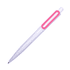 A plastic pen in white with a pink grip and a branding logo on the side.