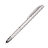 A stylus pen in silver with a textured grip and a clip on the side. It features a logo on the body.