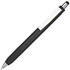 A black stylus pen with a silver clip and rubber tip for touchscreens. It features a simple design and has a branding logo.