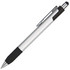 A silver stylus pen with a black grip and clip, featuring a rounded tip and a logo on the body.