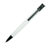 A metal pen with a sleek white body and black accents, featuring a logo on the side.