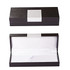 A black pen packaging box with a smooth exterior and a white interior lining. It has a plain white label on top.