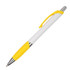 A plastic pen with a white barrel and yellow grip and clip, featuring a shiny silver tip and branding.
