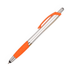 A stylus pen featuring a silver body and an orange rubber grip, with a clip and branding.