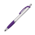 A stylus pen with a silver body and a purple grip, featuring a logo on the clip.
