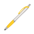 A stylus pen featuring a silver barrel and a bright yellow grip and details, complete with a logo.