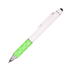 A white pen with a green rubber grip and a stylus tip, featuring a silver clip and accents.