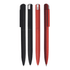 Four metal pens in black and red, featuring a sleek design with silver accents and clips. One pen has a black finish, while the others are red.