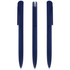 A set of navy blue metal pens displayed from three different angles. Each pen features a clip and sleek design.