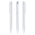 Three white metal pens are displayed, featuring a sleek design and a clip for easy attachment.