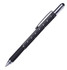 A metal pen with a black textured grip and chrome accents, featuring a ruler along its side and a stylus tip.