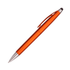 An orange stylus pen with a metallic finish and chrome accents, featuring a branding logo.