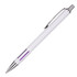 A metal pen with a sleek white body and silver accents, featuring purple details and a clip.