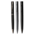 Three metal pens in black and silver, featuring a sleek design with a logo on each pen.