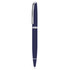A metal pen in deep blue with silver accents and a sleek design, featuring a logo on the barrel.