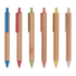 A set of six bamboo pens in various colours: blue, pink, green, orange, yellow, and white, each with a clip and a logo.