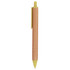 A yellow and natural bamboo pen with a clip, featuring a simple design. It includes a branding logo.