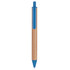 A blue and natural wood pen with a clip and a logo on the side.