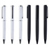 A set of pens in white and black, featuring sleek metal designs and clips. Each has a shiny finish and a logo.