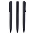 Three black metal pens are displayed side by side, each with a textured grip and a clip on the side.