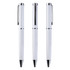 A set of three white metal pens with chrome accents and a textured grip. Each pen features a clip for convenience.
