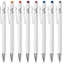 A collection of white metal pens with coloured tips, displayed in a row. Each pen features a clip and branding.