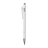 A white metal pen with a silver clip and a touch screen stylus tip at the top. It features a sleek design.