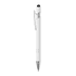 A white metal pen with a silver clip and a stylus tip. The pen has a sleek, modern design.