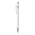 A white metal pen with a pink top and a clip, featuring a logo on the body.