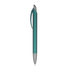 A teal plastic pen with a silver nib and clip, featuring a sleek design and a logo.