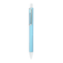 A blue plastic pen featuring a silver clip and tip, with a sleek, minimalist design and branding.