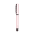 A plastic pen in a soft pink colour with a black clip and tip, featuring a sleek design.