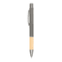 A metal pen with a grey top and a light wood barrel, featuring a clip and a logo.