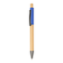 A wooden pen featuring a natural wood finish and a blue grip, with a black clip.