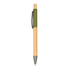 A wooden pen with a natural bamboo body and green grip, featuring a metal clip.
