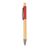 A wooden pen with a bamboo body and a red grip, featuring a black clip and silver tip.
