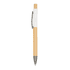 A wooden pen with a light bamboo barrel, white grip, and silver accents. It features a clip and a logo.