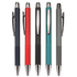 A collection of five metal pens in navy, red, black, teal, and grey, each featuring a clip and shiny tip.