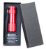 A drink bottle in a sleek black box with a red, textured exterior and a matching strap. It features a logo.