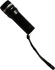 A black flashlight with a textured surface and a wrist strap attached. It features a sleek design for portability.
