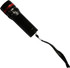 A black flashlight with a red accent, featuring a wrist strap for easy handling.