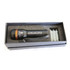 A black LED torch in a box with a flexible focus feature and a protective foam insert.