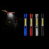 A set of four LED work lights in blue, red, silver, and black, featuring a transparent section and an on/off button.