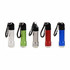 A collection of five torchlights in silver, green, black, red, and blue, each with a carabiner attachment.