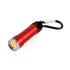 A red flashlight with a black carabiner clip and a clear lens, featuring a round light at the front.