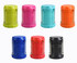 A series of eight drink bottles in varying colours: pink, turquoise, orange, yellow, black, and more, each with a carrying handle.
