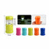 A colourful lantern in yellow, pink, green, blue, and turquoise, featuring a side on/off switch and a handle.