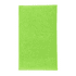 A bright green gym towel with a textured surface, featuring a logo at one corner.